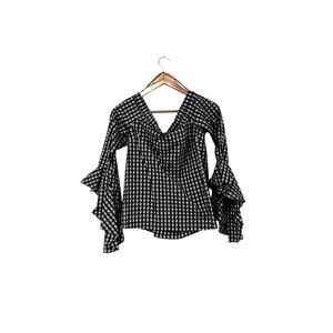 1State Women's Black & White Plaid Ruffled Bell Sleeve V-Neck Blouse Womens M